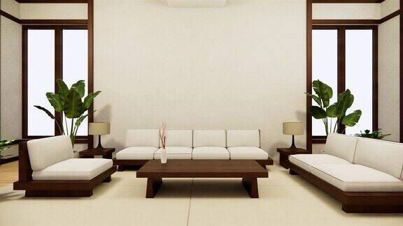 房间日本沙发日式风格和白色背景提供了一个窗口编辑三维渲染