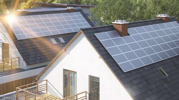 现代住宅屋顶上的太阳能电池板