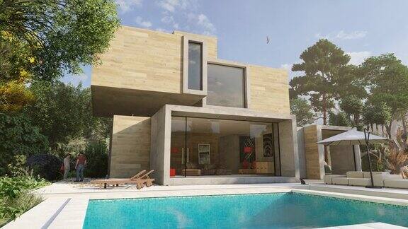 三维动画的现代立方体房子与游泳池和花园
