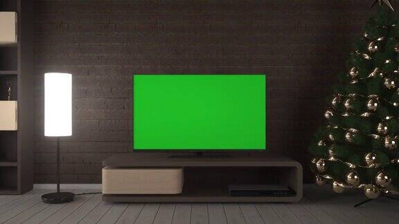 带电视的圣诞客厅空白绿色背景的电视屏幕