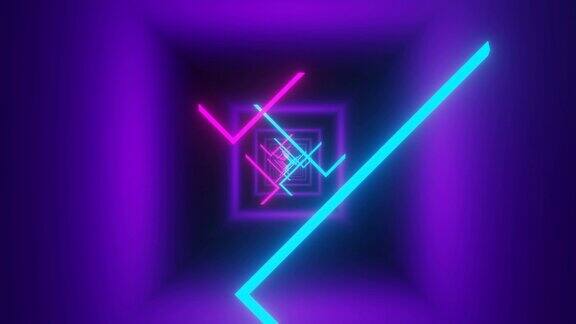抽象几何无尽隧道走廊内霓虹灯荧光紫外光彩色激光霓虹线4K动画