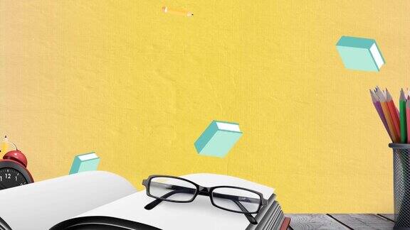 在黄色背景的木制表面上的书籍、眼镜和办公用品的动画