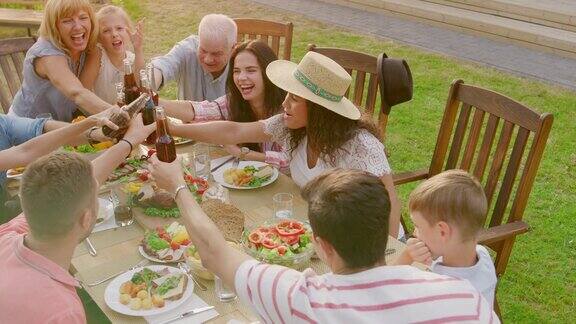 家人和朋友聚在一起举杯祝酒碰杯家庭花园聚会庆典