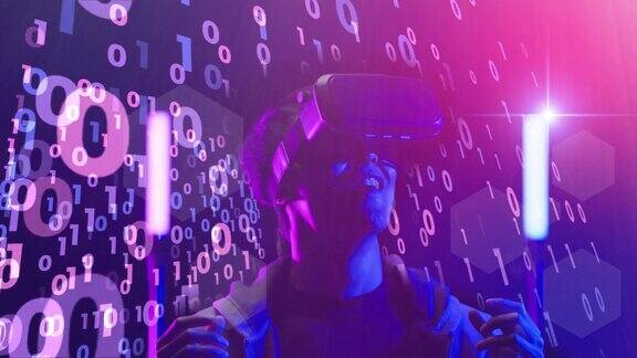少年男性玩VR虚拟现实MR混合现实元宇宙游戏戴着VR眼镜观看虚拟空间未来抽象数字技术背景