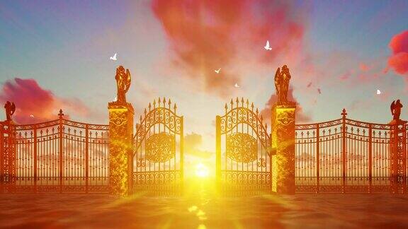 金色的天堂之门在神奇的夕阳下打开白色的鸽子在飞翔