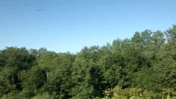 高速列车经过一片田野和低矮的树木