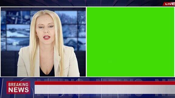 4K视频:女新闻广播员用绿色屏幕展示突发新闻的模型使用