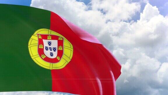 3D渲染的葡萄牙国旗挥舞蓝天背景阿尔法通道