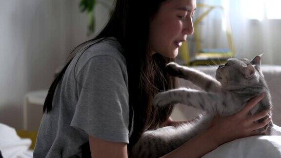年轻美丽的亚洲女人玩和抱着她的猫在卧室宠物主人和她的猫在卧室里亲吻和玩耍充满爱意动物宠物爱或友谊概念
