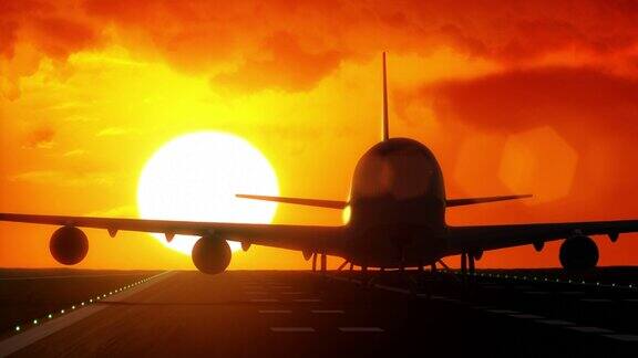 喷气式飞机在大太阳的照耀下从机场跑道起飞