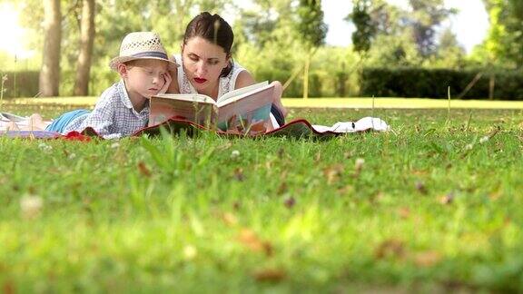 妈妈和儿子躺在公园的草地上看书