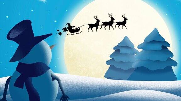 圣诞老人的剪影被驯鹿拉着雪橇在月亮雪人和冬天的土地