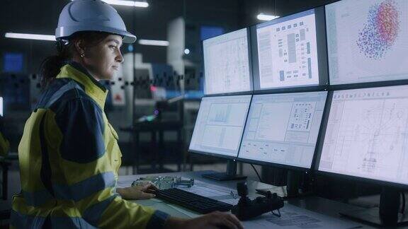 工业4.0现代工厂:女性设备操作员控制车间生产线使用电脑屏幕显示复杂的人机界面机器操作过程控制器机械蓝图