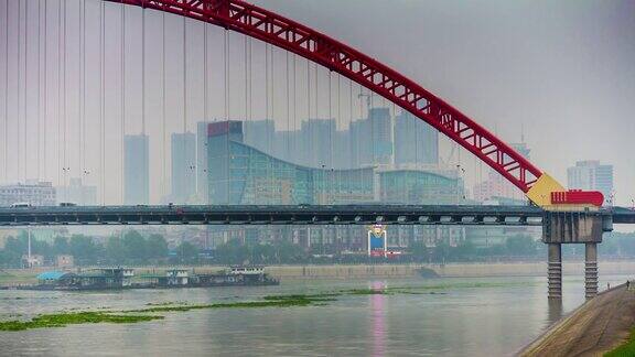 武汉城市著名的青川大桥交通河流黄昏全景4k时间流逝中国