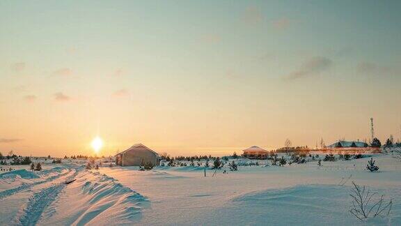 冬日田野上美丽的日出-时间流逝