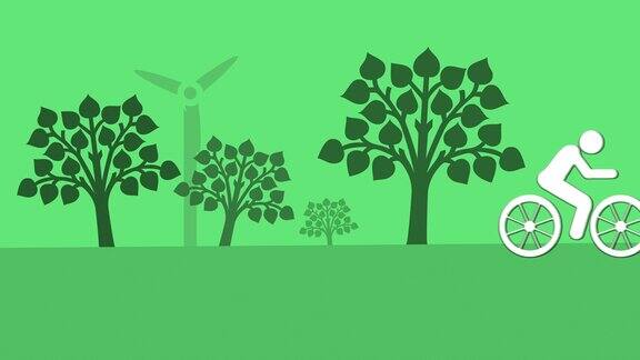 骑自行车利用绿色能源可持续发展的环境概念动画