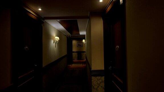 可以看到长长的酒店走廊与发光的灯和门从房间