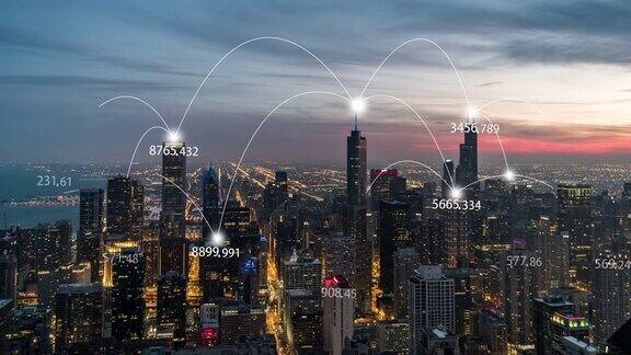 ZO芝加哥城市和5G网络概念日落到夜晚的过渡