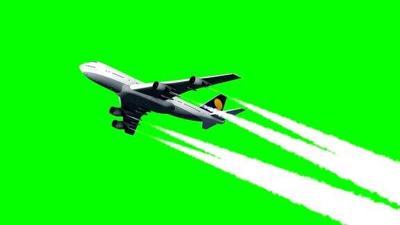 正在飞行的大型喷气式飞机的电脑效果图带有绿色屏幕