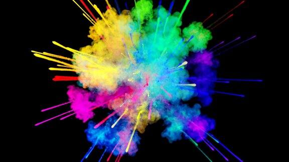 爆炸的火药孤立在黑色背景3d动画的粒子作为彩色的背景或覆盖效果迸发出彩虹般的色彩粉饼呈现出明亮如胡里节45
