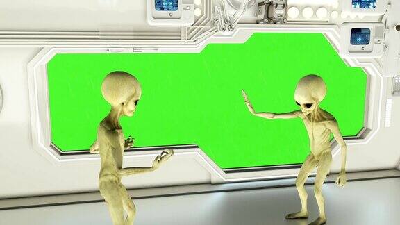 外星人在宇宙飞船上吵架绿色的屏幕一个关于UFO的未来概念