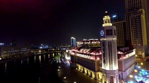 现代建筑鸟瞰图和天津城市夜景实时