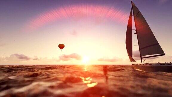 日出夏景热气球和游艇航行飞越大海