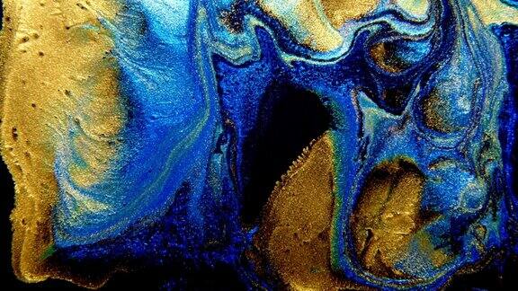 抽象水墨画蓝色和金色的背景混合丙烯颜料、大理石抽象流动艺术图案