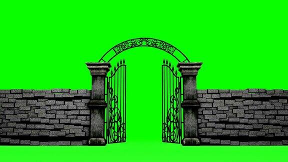 哥特式大门打开绿色背景3D动画