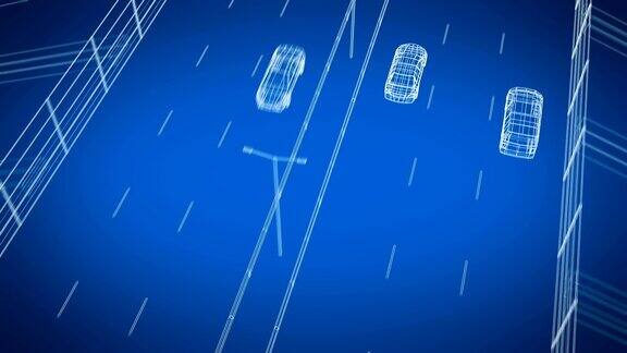 数字汽车驾驶在抽象的高速公路美丽的循环3d动画蓝色背景无缝数字动画蓝图交通技术