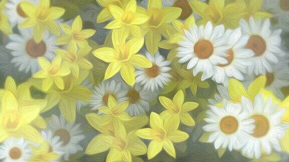 春天的水仙花和雏菊花油画背景