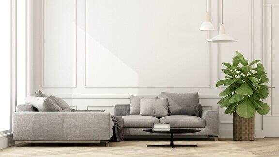 打造现代公寓时尚经典风格的客厅室内及新潮家具镶花木地板灰色沙发及典雅配饰家装3D渲染动画循环