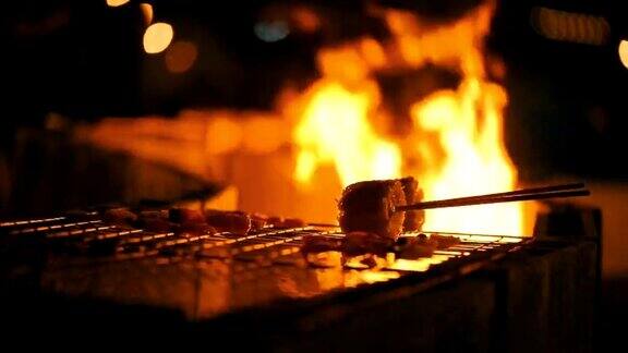烤鸡串烧烤一群人花时间在篝火上烧烤