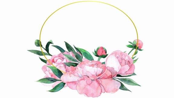 动画水彩粉红玫瑰与框架花出现了空间的文本手绘插图孤立在白色背景上