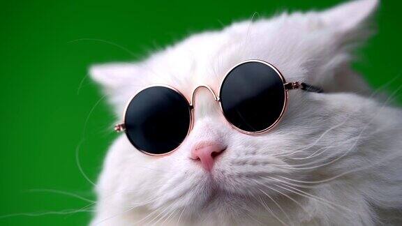 近距离拍摄的白色毛茸茸的猫在时尚太阳镜工作室的片段戴着眼镜的豪华家猫在绿色背景墙上摆姿势