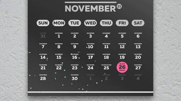 两个黑色星期五和网络星期一出现在2021年墙上日历的黑色美丽的11月页面上