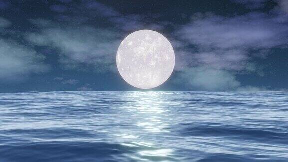 夜海月圆自然风光海洋背景动画云水面上的小波浪动画对焦镜头