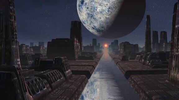 外星城市日出和巨大的行星
