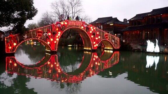 黄昏时分乌镇水乡装饰中式古桥