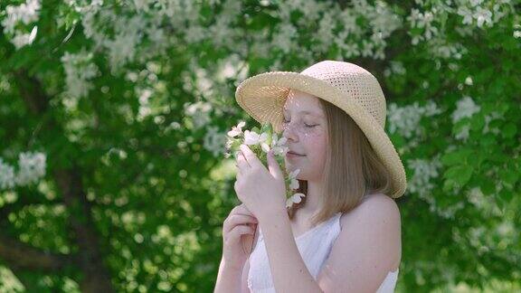 画夏日果园里一个戴着草帽手拿苹果树枝的浪漫女孩快乐的女孩嗅着春天花园里盛开的水果花