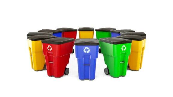 许多彩色塑料垃圾桶都有回收标志孤立在白色背景上钉在圆圈上