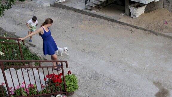 小男孩他的妹妹和狗在后院夏天放松
