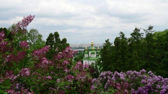 春天基辅全景雨后教堂盛开的紫丁香乌克兰4k视频
