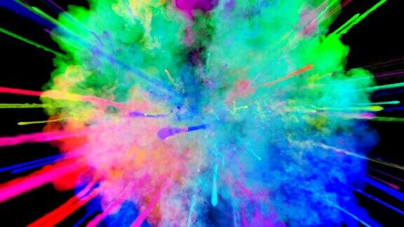 爆炸的火药孤立在黑色背景3d动画的粒子作为彩色的背景或覆盖效果迸发出彩虹般的色彩粉饼呈现出明亮如胡里节35