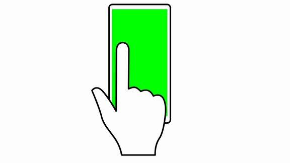 动画手在绿色屏幕的手机上翻看图像矢量插图孤立在白色背景上
