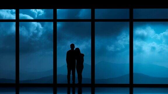 这对夫妇站在窗前背景是云溪时间流逝