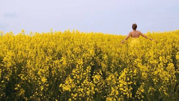 稳拍的油菜种植园和一个穿着黄色夏装的女人希望