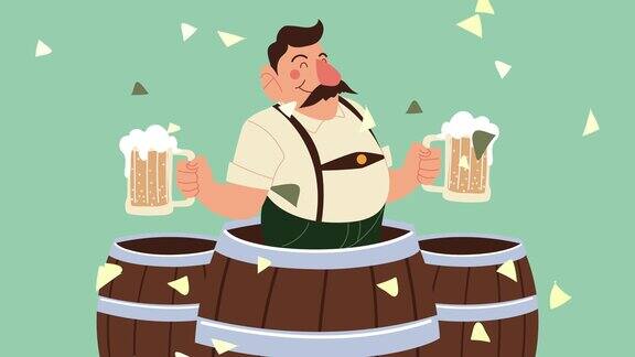 慕尼黑啤酒节庆祝动画与德国醉汉举起啤酒桶