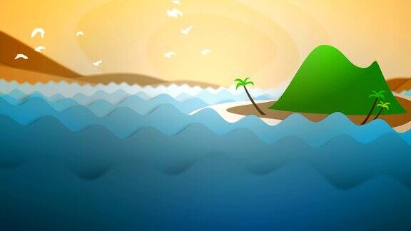 卡通动画海浪和岛屿在日落与鸟