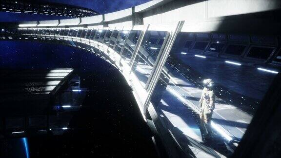 孤独的宇航员在未来的太空走廊房间看地球电影4k